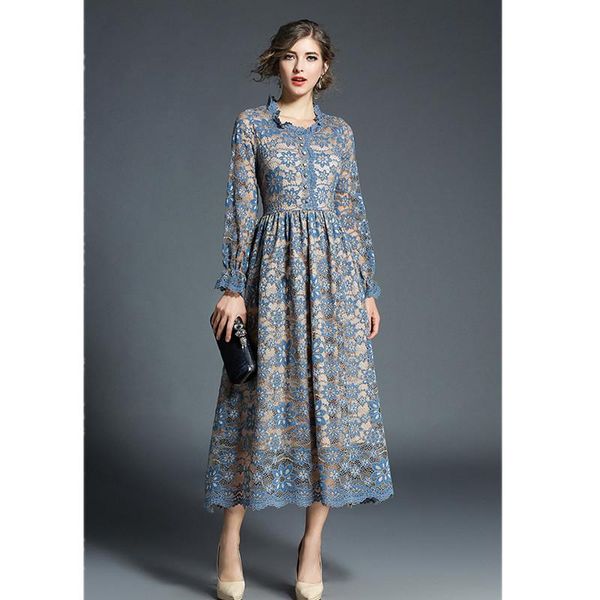 

casual dresses arrival summer dress 2021 fashion runway round neck lace long women's sleeve party, Black;gray