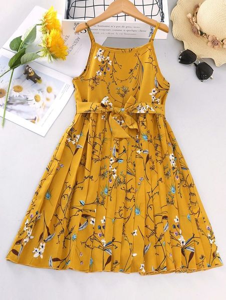 

girls floral print pleated belted cami dress she, Red;yellow