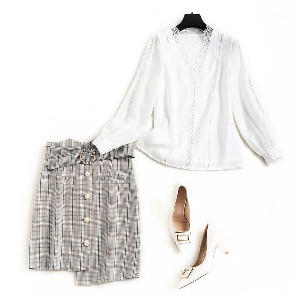 

women's tracksuits european plaid 2 piece set women 2021 early autumn silk shirt skirt two 15140, Gray
