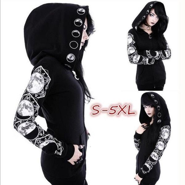 

casual hooded othic hoodies women casual tracksuits sleeve hooded sweatshirts jumper clothes black print zipper