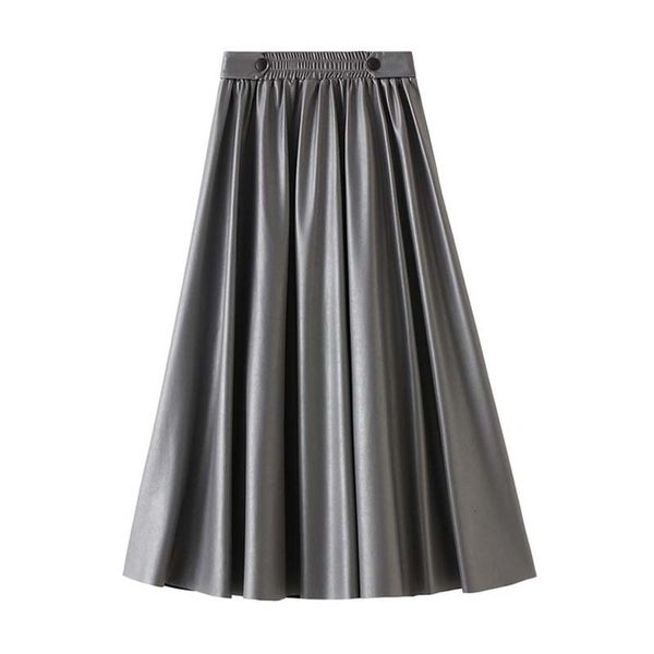 

2021 new women pu leather autumn winter fashion korean plus size elengant high waist office skirts lady pleated a line midi skirt giel, Black