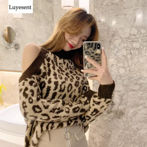 

women's sweaters khaki black leopard women pullover sweater 2021 lady loose turtleneck off shoulder knit warm fashion streetwear ju1, White;black