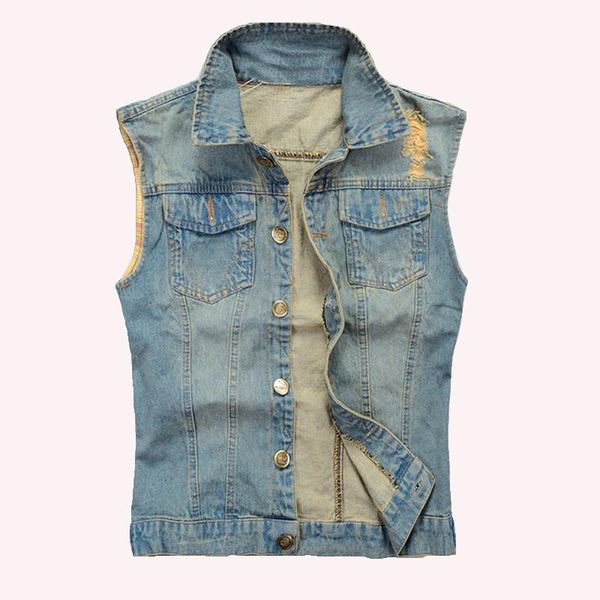 

men's vests vinatge cotton denim vest hip hop waistcoat cowboy frayed motorcycle style jeans sleeveless jackets causal male tanks, Black;white