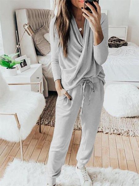 

women's two piece pants set tracksuit women solid v-neck long sleeve pullover and home suit female leisure sportswear, White