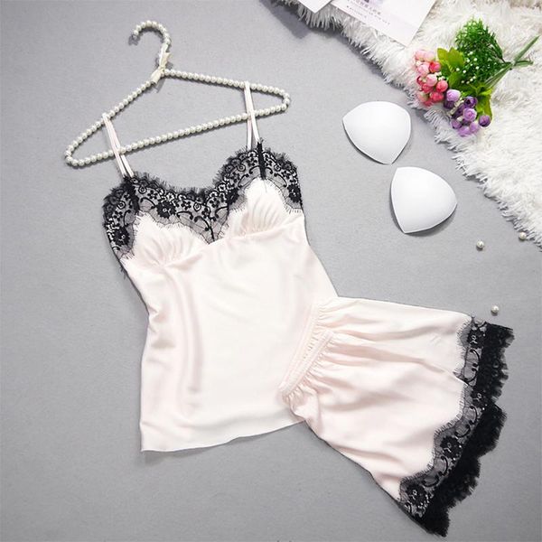 

women's tracksuits female satin lace patchwork set v neck spaghetti strap sleeveless and shorts summer autumn home wear, Gray