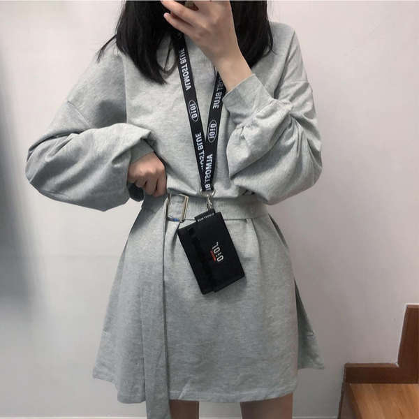 

plus size long sleeve dress women spring autumn korean style dress ladies solid loose t shirt dress women with belt vestidos, Black;gray