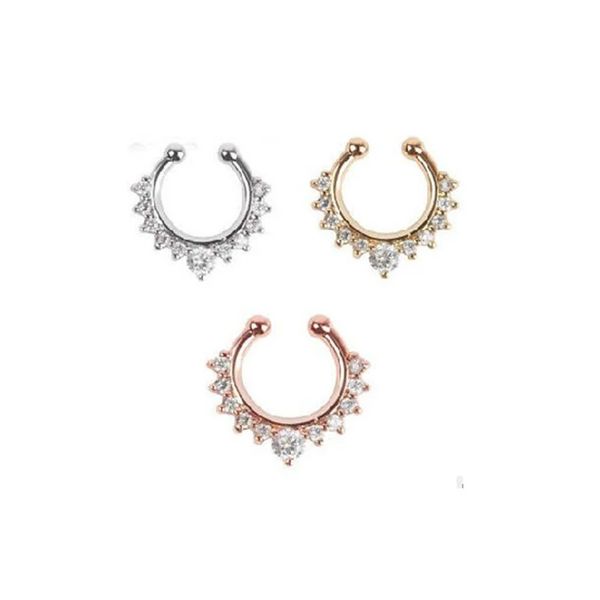 

crystal fake nose ring gold color round fake septum piercing clicker false clip non body hoop for women jewelry, Silver