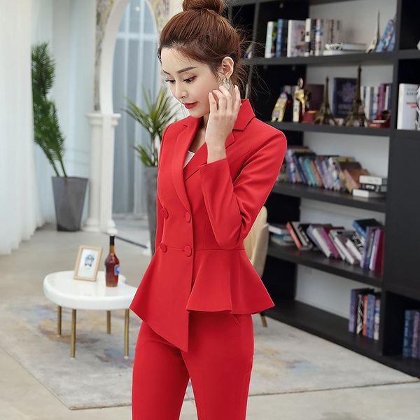 

uniform business work double breasted irregular blazer set korea formal pant suit for women plus size pantsuits female red black, White