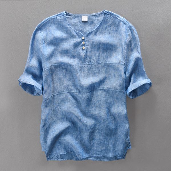 

2021 new comfortable and breathable loose pure linen shirts short sleeve none-collar flax summer men shirt brand camisa masculina mlrs, White