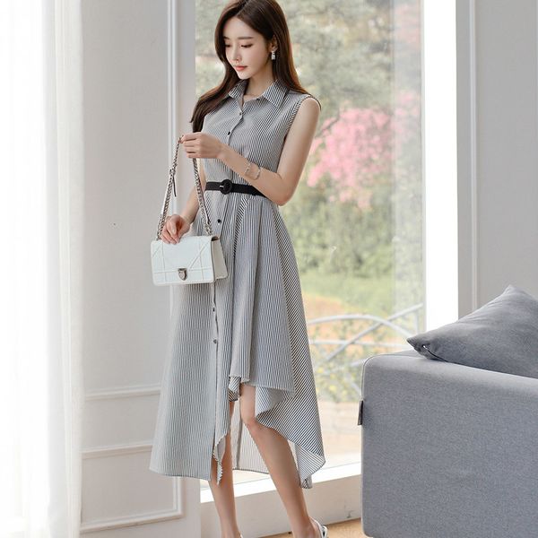 

2021 new summer korean office lady women elegant turn down collar irregular sleeveless long party vintage femme robe 3s7u, Black;gray