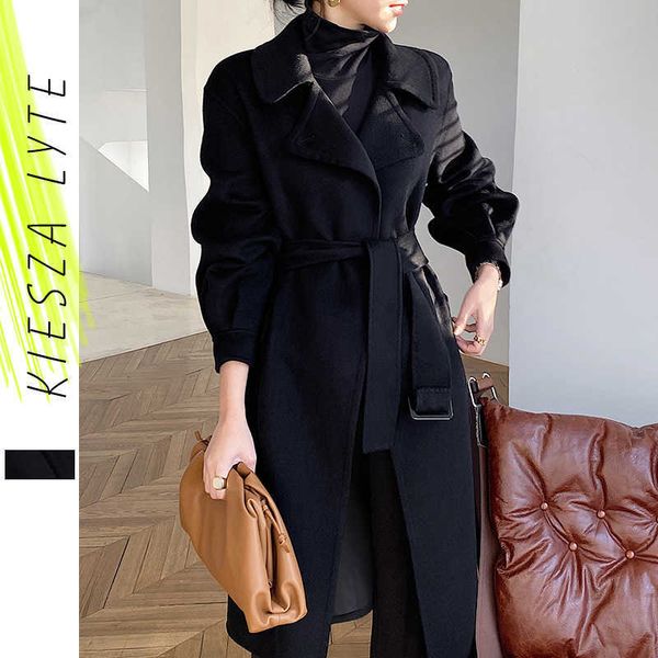 

black woollen coat for women's winter sashes lantern sleeve loose office lady's wool coats jackets 210608