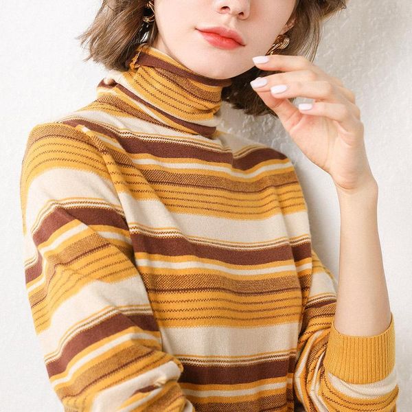 

women's sweaters autumn 2021 cashmere rainbow knitted heap collar loose pullover striped bottoming sweater, White;black