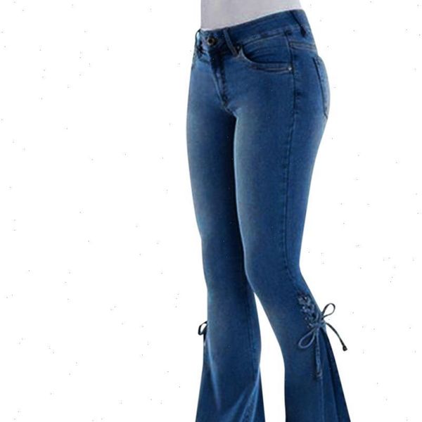 

womens plus size jeans flare pants loose denim bow tie elastic trousers for womens 2021 autumn clothes women jeans pants ed, Blue