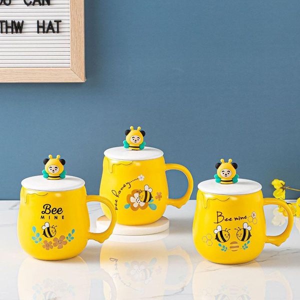 

mugs kawaii bee ceramic coffee mug with lid spoon creative 400ml home office tea milk breakfast cup couple gift for friends