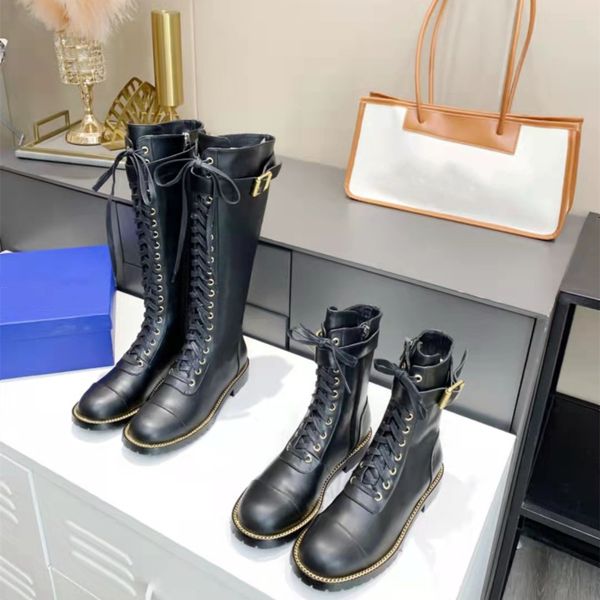 

2021 fashion designer women martin boots lace up bandage zipper leather ladies knee height ankle party outdoor flat soled platform casual sh, Black