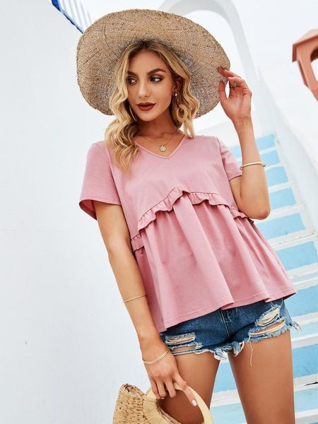 

women's t-shirt 2021 summer style wood ear stitching knitted v-neck short-sleeved female pink, White