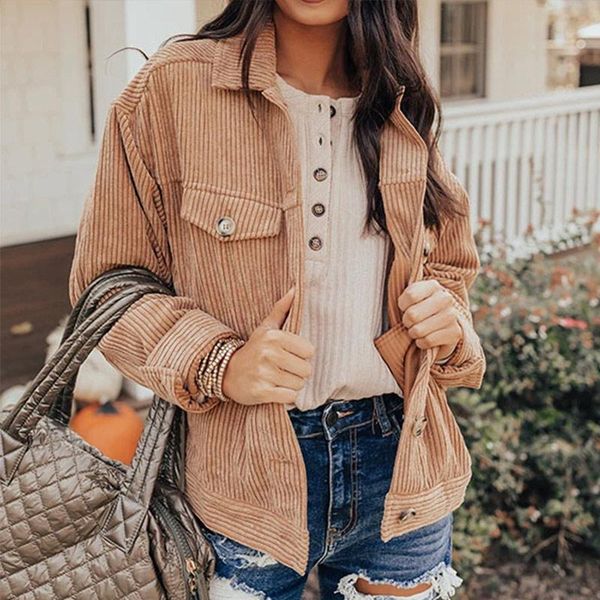 

women's jackets autumn corduroy ribbed long sleeve coat casual solid turn-down collar single breasted short coats female vintage jacket, Black;brown