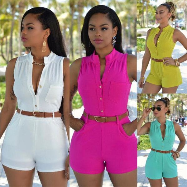 

women's jumpsuits & rompers summer jumpsuit women solid sleeveless short slim casual romper overalls sashes v-neck button white jump su, Black;white