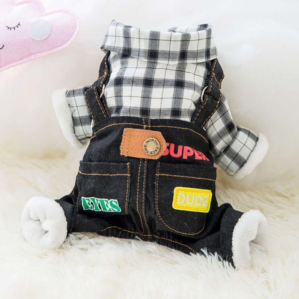 

new style pet suspenders dog check denim four legged autumn and winter plush warm cat clothing