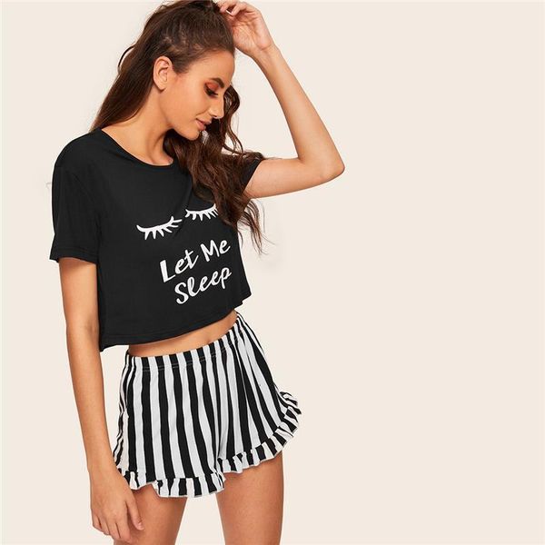 

women sleepwear shein black graphic tee frilled striped shorts round neck short sleeve set 2020 summer women patchwork sleepwear, Black;red
