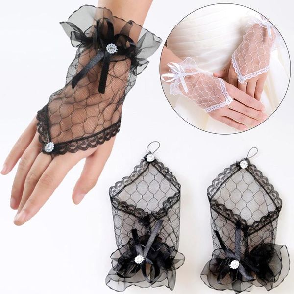 

five fingers gloves fashion tulle lace fingerless bride wrist glove ladies elegant evening party white black dress short, Blue;gray