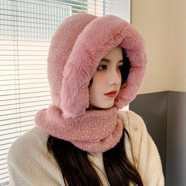 

hats, scarves & gloves sets wool hat and scarf one-piece two-piece women autumn winter style cap plush warm knitted thick bib suit, Blue;gray