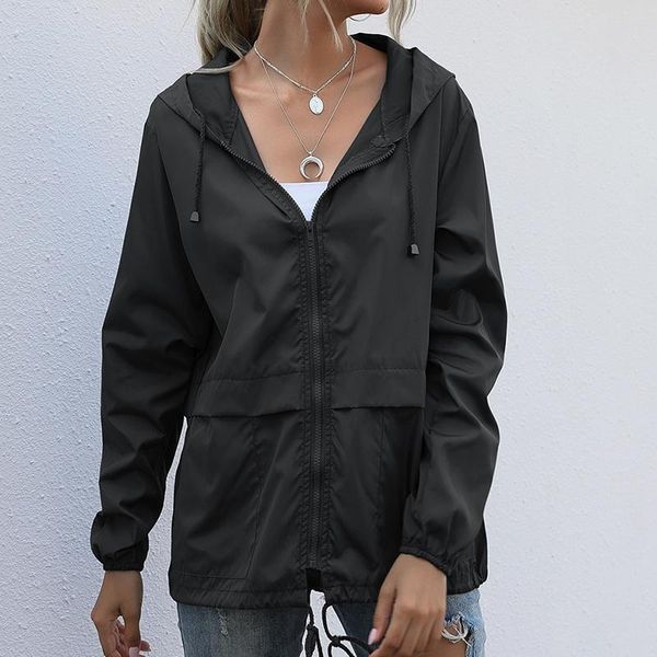 

women's trench coats jacket spring autumn pocket zipper hooded outwear coat oversized hoodie long sleeve windbreaker raincoat solid col, Tan;black