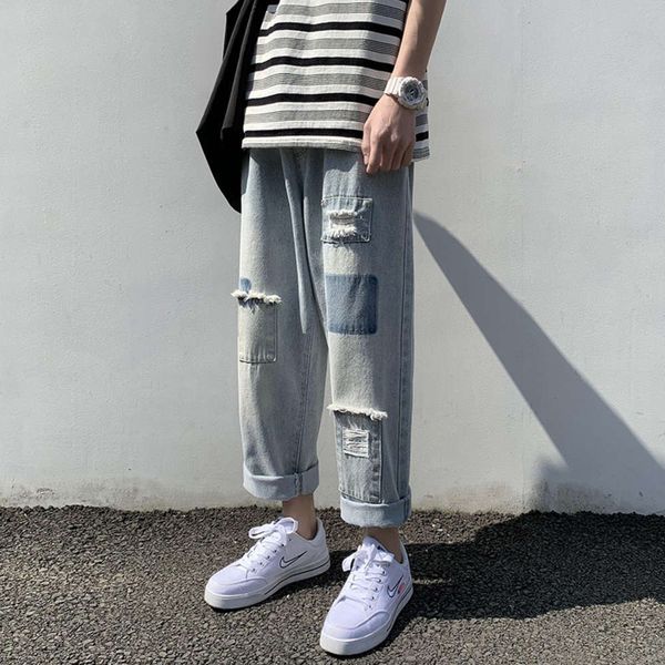 

2021 summer new men's loose casual hole patch straight jeans, Blue