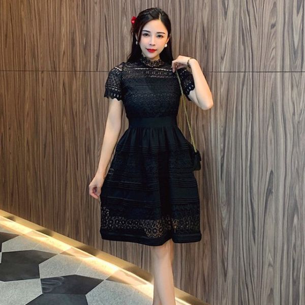 

2021 woman runway design dress black lace new summer patchwork o neck vacation casual mini dresses bodycon 0t1u, Black;gray