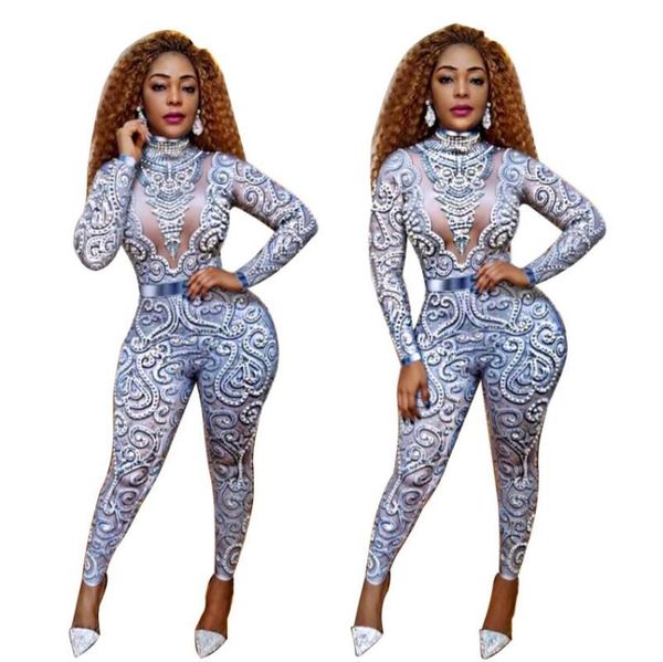 

women's jumpsuits & rompers fashion gray silver rhinestones jumpsuit long sleeves stretch bodysuit stage performance party celebrate ni, Black;white