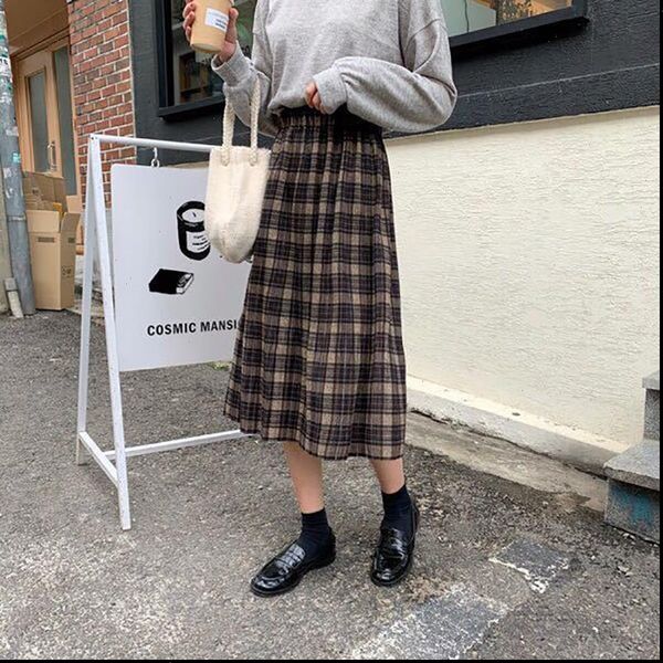 

elastic high waist plaid korean women skirts version spring slim pleated mid length female vintage, Black