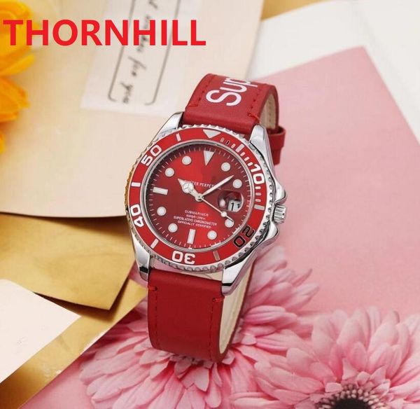 TOP Fashion Luxo Homem Quartzo Bateria Powers Relógio Feminino 40mm Vermelho Rosa Relógio de Couro Genuíno Alta Qualidade Clássico Generoso Safira Presidente Relógios de Pulso