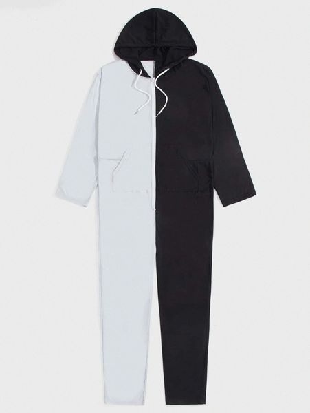 

men two tone zipper drawstring hooded sleep jumpsuit h7gx#, Black;brown