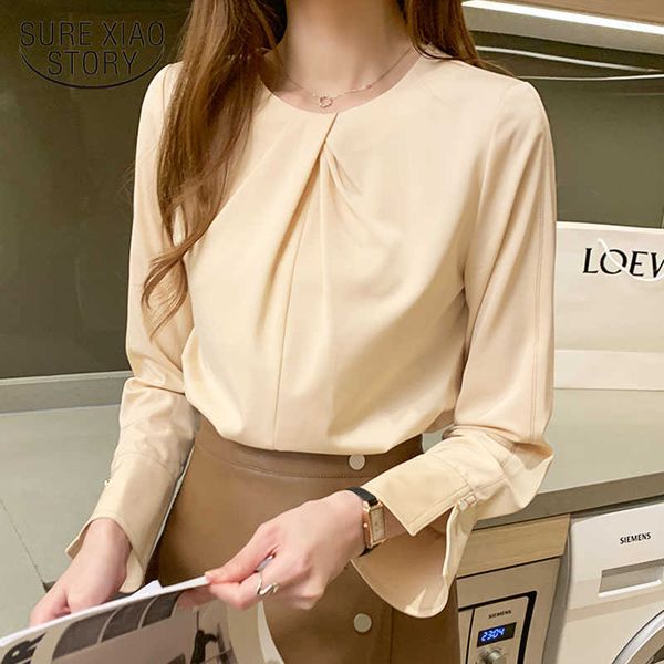 

autumn long sleeve o- neck collar elegant chiffon blouse women solid color loose slim lady's shirt blusas mujer 11253 210528, White