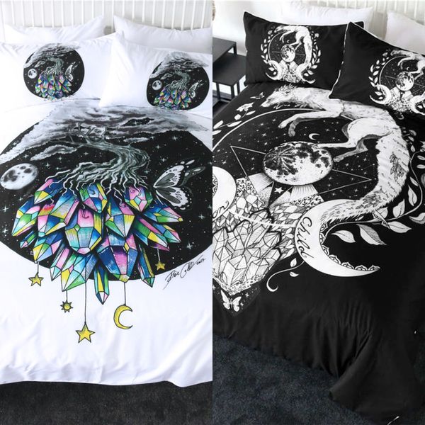 Moon Child Black by Pixie Cold Art Bedbing Set Установите белый Fox Duppet Cover Galaxy Planet Bedclothes Animal Floral Home Textile 3PCS C0223