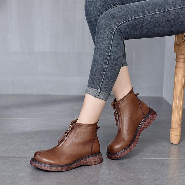 

boots 2021 spring autumn single first layer cowhide short women products retro front zipper round head knight, Black