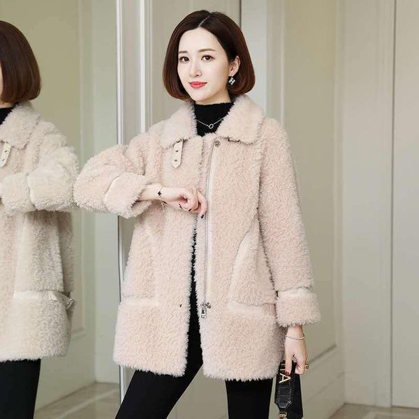 

women's fur & faux lamb wool coat for women autumn and winter trendy korean style loose integrated mid-length leather, Black