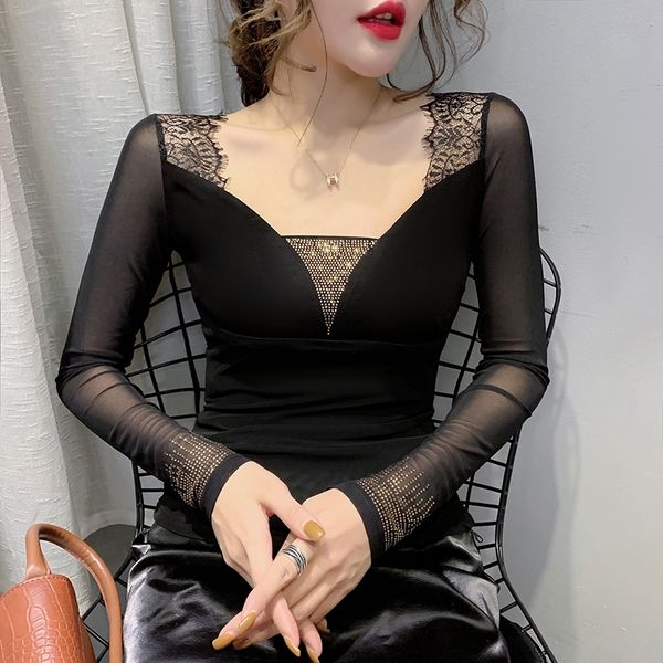 

spring autumn patchwork mesh t-shirt korean clothes women diamonds leopard ropa mujer bottoming shirt tee t9d610 210306, White