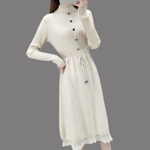 

casual dresses solid color autumn knitted cotton knee-length dress turtleneck long sleeve women spring fashion womens clothing, Black;gray
