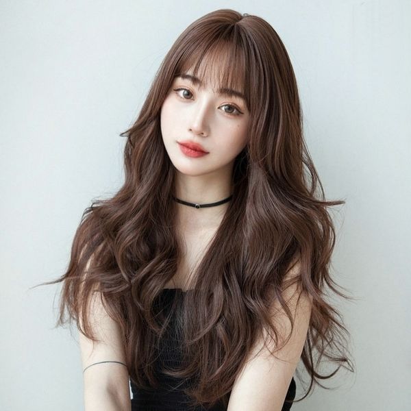 

curly korean style female net red fashion medium long hair set temperament big wave full head wig, Black