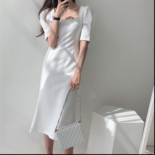 

2021 elegant women dresses high waist square collar vintage short sleeve solid midi dress female work wear white vestidos femme, Black;gray