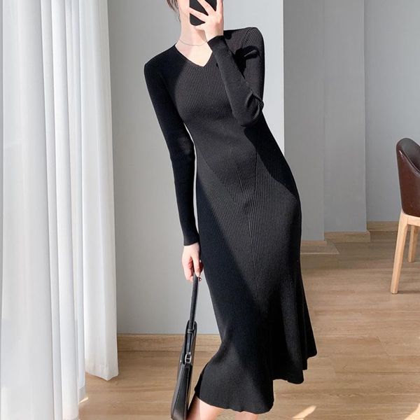 

casual dresses autumn midi over-the-knee sweater black dress women 2021 winter slim fishtail knitted a-line elegant office lady, Black;gray