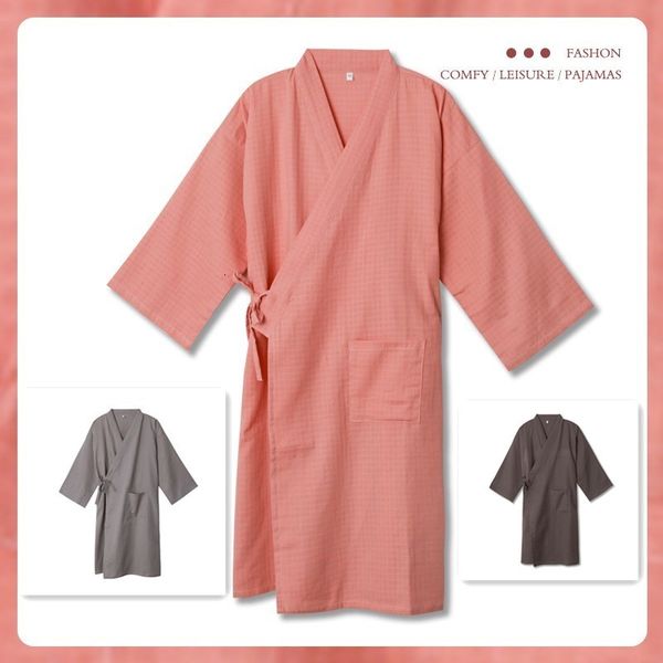 

2021 new japanese 3 colour pajamas female homewear solid color dark check pattern lace-up cotton casual kimono fashion streetwear aveu, Black;brown