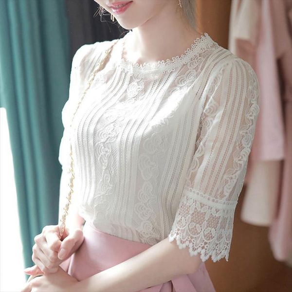 

spring summer elegant temperament women blouses o neck half sleeve lace female hollow out solid color plus 5xl, White
