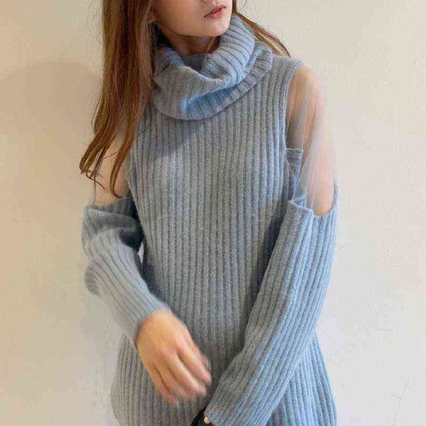 Kuzuwata Neue Herbst Winter Frauen Roben Rollkragen Sexy Tüll Off Schulter Softable Gestrickte Pullover Kleider Knielangen Vestidos G1214