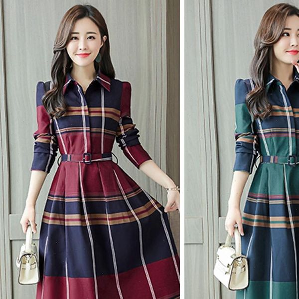 

2021 new women dress elegant striped plaid shirt office ladies long sleeve turn down collar plaid tunic dress women belt, Black;gray