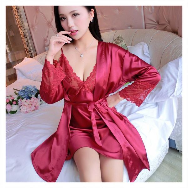 

women's sleepwear fashion summer v-neck ice pajamas korean lace suspender robe two piece set, Black;red