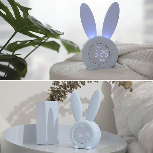 Orelha de coelho fofo LED Digital Alarme Eletrônico USB Som Controle Rabbit Night Lamp Desk Relógio Decoração de Casa 210310