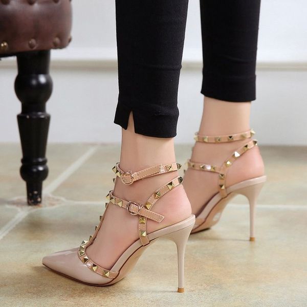 

women's shoes rivets sandals female summer 6cm/10cm thick with fine with high-heeled shoes pointed stiletto nightclub word k78, Black