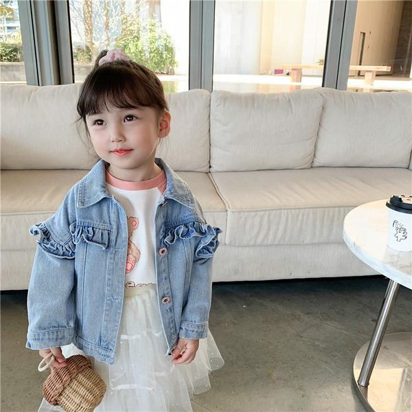 

children's solid denim jacket 2021 korean spring new children's lapel loose girl's wooden ear jacket kids fashion cowboy coat, Blue;gray